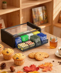 All In One Tea Bag Organizer With Drawers For Kitchen Countertop And Office Wooden Tea Station Storage With Divided Compartments Neatly Sort Herbal Green Black Fruit Teas And Loose Leaf Keeps Your Tea Bar Clutter Free on table with muffins and coffee