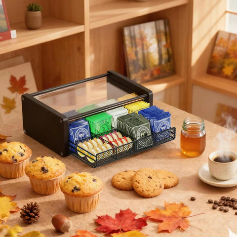 All In One Tea Bag Organizer With Drawers For Kitchen Countertop And Office Wooden Tea Station Storage With Divided Compartments Neatly Sort Herbal Green Black Fruit Teas And Loose Leaf Keeps Your Tea Bar Clutter Free on table with muffins and coffee
