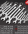 Combo Wrench Set 33 Piece Chrome Vanadium Steel Wrenches 12 Point SAE And Metric From Quarter Inch To One Inch And Six To Twenty Two Millimeters With Rolling Pouch Pro Grade Heavy Duty Anti Rust Finish ANSI Standard displayed in a grid with sizes