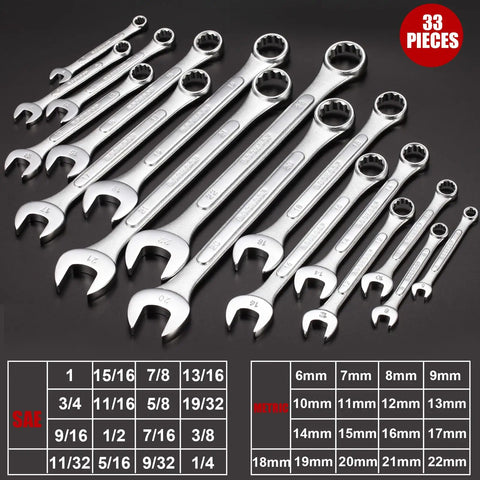 Combo Wrench Set 33 Piece Chrome Vanadium Steel Wrenches 12 Point SAE And Metric From Quarter Inch To One Inch And Six To Twenty Two Millimeters With Rolling Pouch Pro Grade Heavy Duty Anti Rust Finish ANSI Standard displayed in a grid with sizes