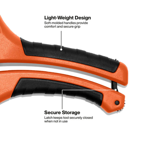 Ratcheting PVC Pipe Cutter For 2 Inch ID Pipes And 2 3 Eighths Inch OD, One Handed Operation, Lightweight Soft Grip Handles, Replaceable Blades, Cuts Schedule 40 And 80 PVC CPVC And PEX soft grip handles and latch