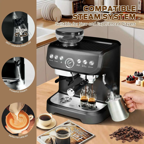 All-In-One Espresso Machine With 15 Bar Pressure, Built-In Bean Grinder, Milk Frother And Steam Wand in kitchen setting