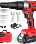 Badass Cordless Electric Rivet Gun Kit With 20 Volt Brushless Motor and accessories in a red carrying case.