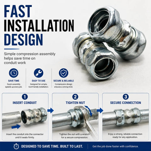 Heavy Duty 1/2 Inch EMT Compression Coupling Raintight Electrical Conduit Connector built tough, shown in installation stages.
