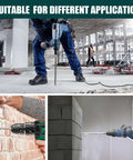 1 in x 59 in SDS Plus masonry drill bit in a three-view collage showing use with a rotary hammer on concrete and brick.