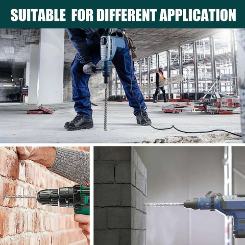 1 in x 59 in SDS Plus masonry drill bit in a three-view collage showing use with a rotary hammer on concrete and brick.