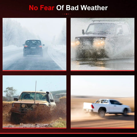 Four vehicles driving in various weather conditions, including snow, water, mud, and dry terrain with motion blur effects.
