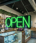 Green LED Open Sign With Remote, 20x7 Inch Neon Look, 12V Plug In, Hanging Chain Included, Black Backing For Bright Day Or Night