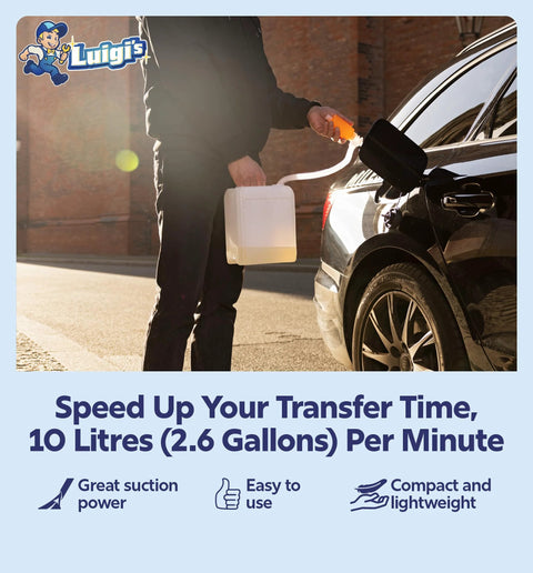 Luigi's siphon pump for fuel transfer; orange-handled nozzle transferring gasoline to a white plastic container beside a car.