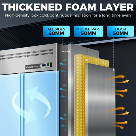 Heavy Duty Stainless Steel Three Door Commercial Fridge With Secure Locks Top Tier Reach In Cooler insulation details showing thickened foam layer.