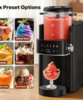 Super Chill Slushie Maker For Home With Rapid Freeze Ice Cream Cycle And Forty Ounce Basin In Matte Black Body with frozen drinks displayed.