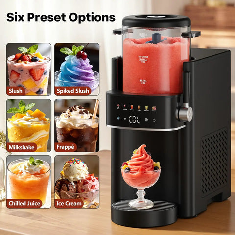 Super Chill Slushie Maker For Home With Rapid Freeze Ice Cream Cycle And Forty Ounce Basin In Matte Black Body with frozen drinks displayed.