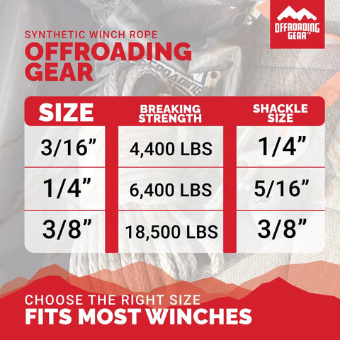 Size chart for Beefed Up 50 Foot 1/4 Inch Synthetic Winch Rope Kit For Jeeps ATVs UTVs And Quad Bikes, 6,400 Lb Capacity