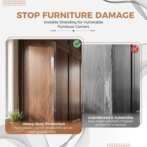 Bang For Your Buck Wall Corner Protector And Self Adhesive Clear Plastic Edge Guard Keep Your High Traffic Spots Tight With Solid Scratch Defense And Quick Peel Application 6 Pack showing clear corner protectors against unprotected wood.