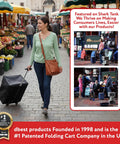 Woman pulling Must Have Collapsible Rolling Utility Cart for Groceries and More in market setting, showing lightweight design