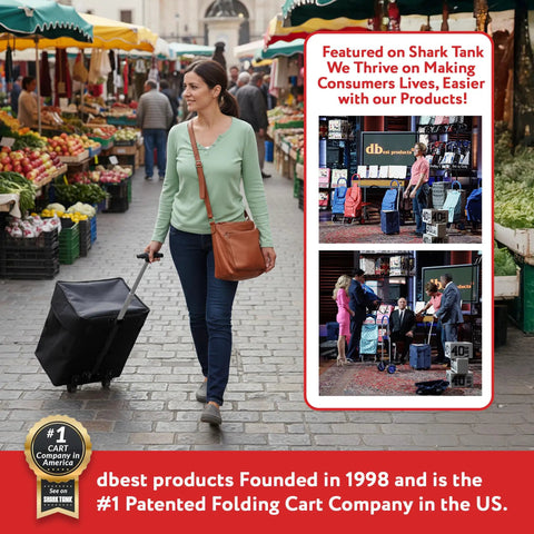Woman pulling Must Have Collapsible Rolling Utility Cart for Groceries and More in market setting, showing lightweight design