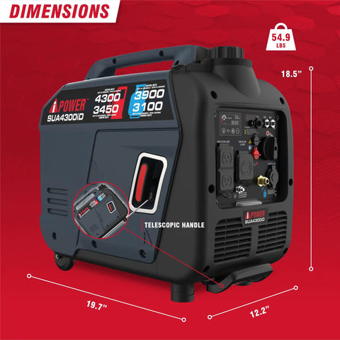 Dual Fuel Portable Inverter Generator With 4300 Starting Watts And 3450 Running On Gas, RV Ready, showing telescopic handle