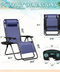 Two Blue Zero Gravity Lounge Chairs Set With Cup Holders And Pillows, No Assembly Needed, foldable outdoor dimensions shown