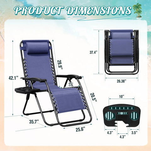 Two Blue Zero Gravity Lounge Chairs Set With Cup Holders And Pillows, No Assembly Needed, foldable outdoor dimensions shown