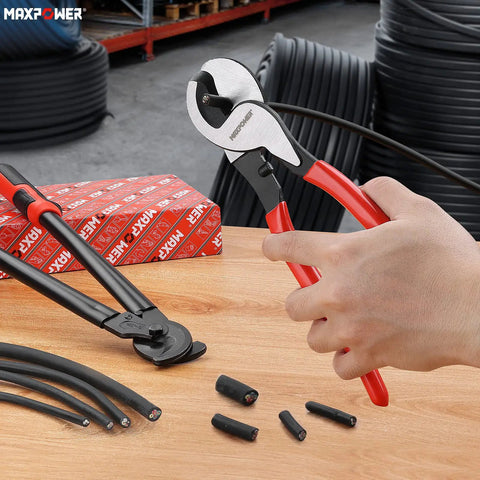Two Pack 10 Inch And 14 Inch Heavy Duty Cable Cutters for Copper And Aluminum Wire Up To 120 Mm2 Capacity on wooden table