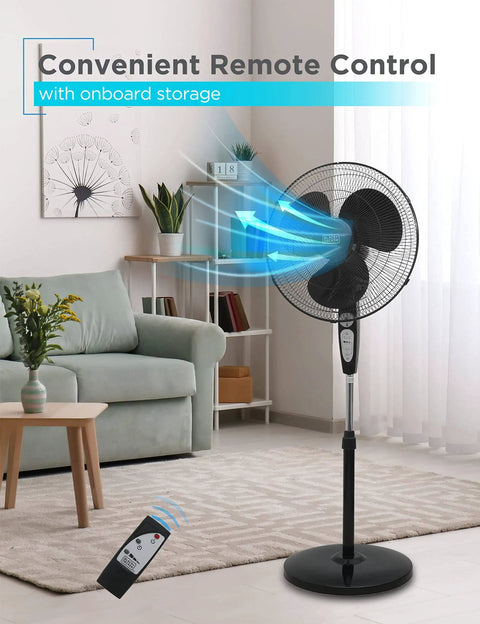 Pedestal Floor Fan With Remote, Adjustable Height, Touch Control, 90 Degree Oscillation, 3 Speed Settings in living room