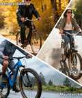 Collage of people riding recreational, city, and mountain bikes in different settings.