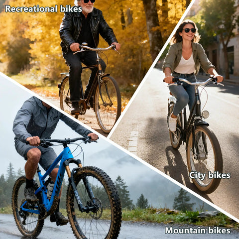 Collage of people riding recreational, city, and mountain bikes in different settings.