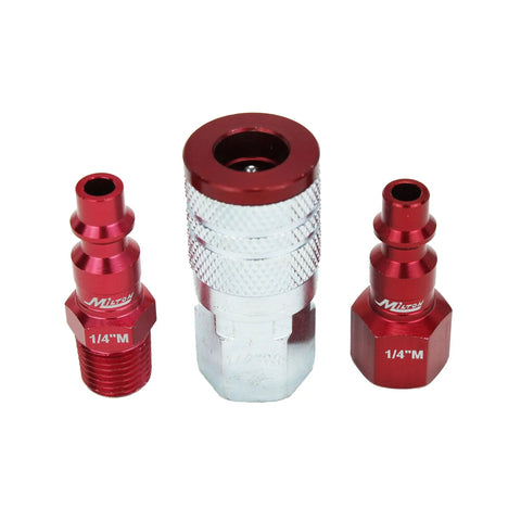 ColorFit M-Style Red 1/4 Inch NPT Coupler And Plug Kit 3-Piece Set For Worksite-Ready Industrial Air Lines Scratch-Resistant Steel