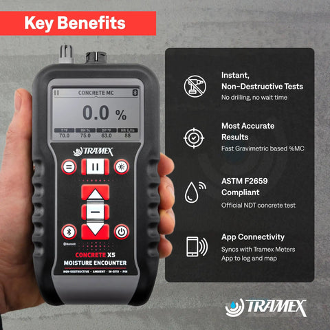 Non Destructive Digital Moisture Meter For Concrete And Wood With CMEX5, Instant Moisture Content And Relative Humidity Readings, Pin And RH Probes, Cool Quick Tool For Slabs, Flooring, Screeds, And Building Materials. Handheld moisture meter display in use