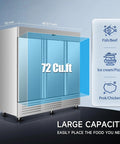 Built Tough 81 Inch Reach In Commercial Freezer Packing 72 Cubic Feet Capacity Two Solid Doors And Brushed Stainless Steel Shell ETL Certified upright freezer dimensions and food placement.