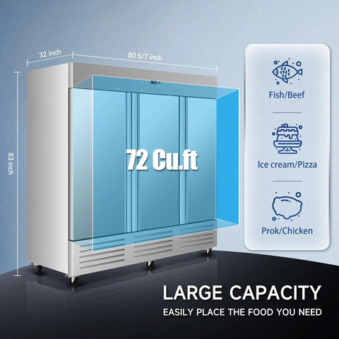 Heavy Duty Commercial Upright Freezer 72 Cubic Foot Capacity Double Solid Door Stainless Steel side view with dimensions.