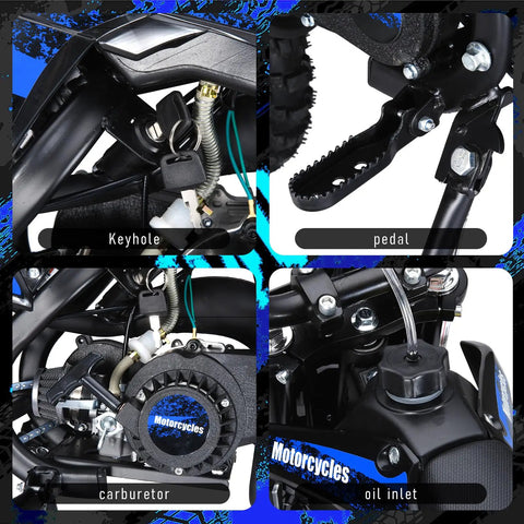 Kick Off The Good Times With This Killer 50cc Kids Dirt Bike Gas Powered 2 Stroke mini motorbike Hitting Up To 35 Mph For Epic Adrenaline Rides And Ultimate Fun detail of keyhole, pedal, carburetor, and oil inlet.