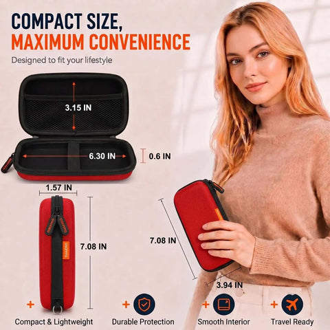 Badass Small Hard Shell Eva Zipper Case For Electronic Accessories Red Compact Travel Organizer Bag shown in hand with dimensions.
