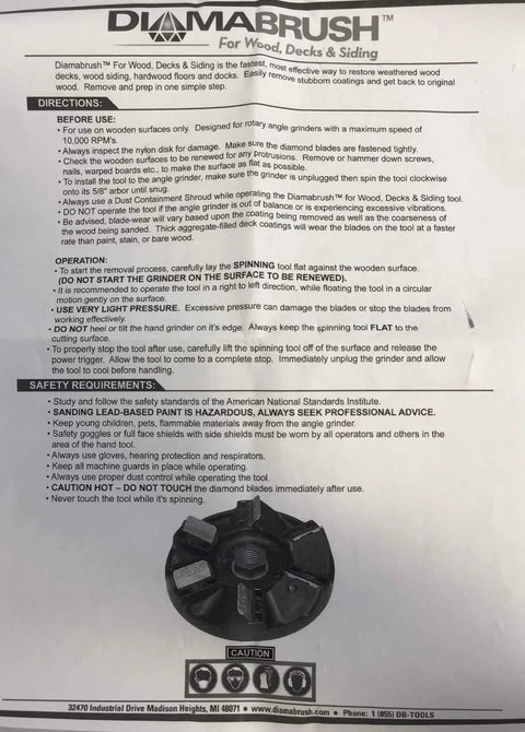 Wood Deck Removal Tool Four And A Half Inch For Rotary Flooring Machines And Angle Grinders Black Durable Build displayed on instruction manual page.