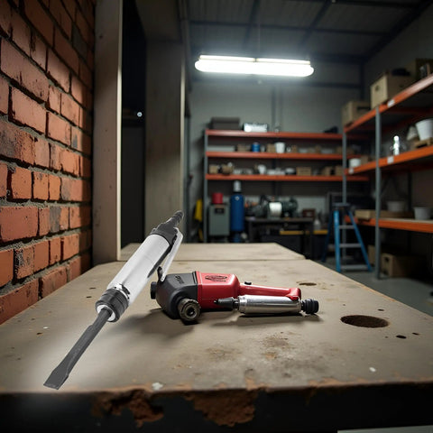 Heavy Duty Pneumatic Air Chisel And Industrial Hammer Tool on workshop table, highlighting durable design for concrete and weld slag.