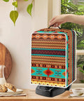 Real Deal Native American Geometric Stripe Waterproof Dust Cover Keeps Your Coffee Maker And Small Kitchen Appliances Totally Kickass Protected From Daily Wear While Being Pretty Dang Easy To Fold And Wash on countertop with a hand reaching for it.