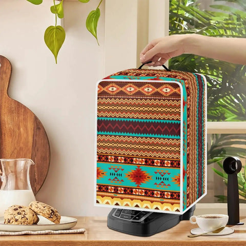 Real Deal Native American Geometric Stripe Waterproof Dust Cover Keeps Your Coffee Maker And Small Kitchen Appliances Totally Kickass Protected From Daily Wear While Being Pretty Dang Easy To Fold And Wash on countertop with a hand reaching for it.