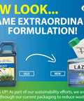 Front view of Liquid Harvest Lazer blue spray pattern indicator bottle, 8 oz, blue cap; new packaging on right