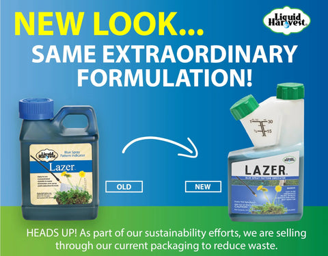 Front view of Liquid Harvest Lazer blue spray pattern indicator bottle, 8 oz, blue cap; new packaging on right