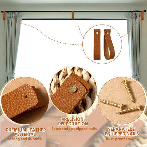 8 Piece Hella Durable Premium Leather Wall Hooks With Solid Brass Screws For Heavy Duty Curtain Hanging And Super Slick Bathroom Storage Essentials showing leather straps and brass screws.