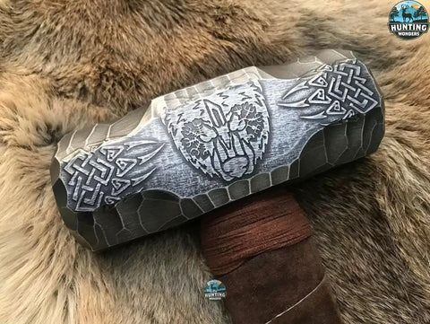 Custom Handmade Bear Engraved Decorative Hammer For Blacksmiths And Crafters featuring intricate bear design on steel head.