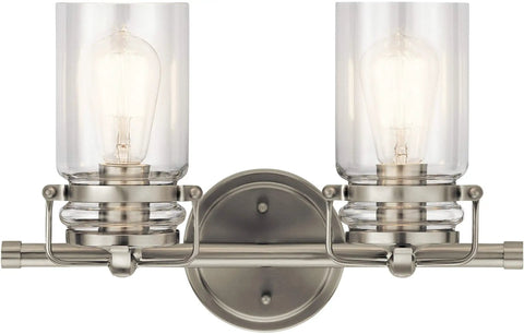 Farmhouse Vanity Light In Brushed Nickel With Clear Glass, Two Light Fixture For Modern Bathroom Or Powder Room, 15.75 Inch Wide By 10 Inch High, Ambient Glow Above Mirror, Clean Contemporary Style