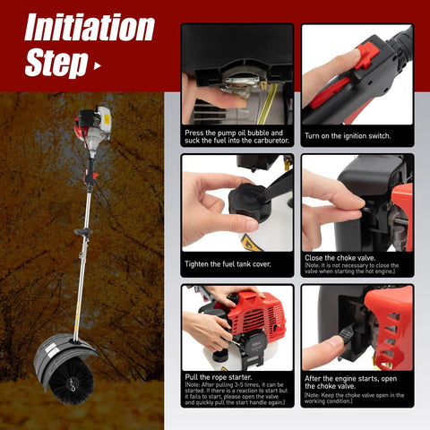 Beast 52cc Gas Power Sweeper With 2 Stroke Engine, Handheld Side Mounted Broom, Air Cooled System, Walk Behind Leaf Cleaner For Lawns, Turf And Artificial Grass Debris, ignition steps