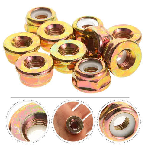 Get These Toddmomy Lawn Mower Spindle Shaft Lock Nuts! 10pcs Heavy Duty Metal with reverse thread design in metallic colors.