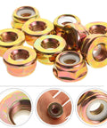 Easy Install 10 Pack Lawn Mower Spindle Lock Nuts Replacement Reverse Thread Metal Wing Nut Bolt close-up view of golden nuts.