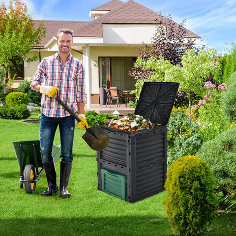 80 Gallon Outdoor Compost Bin With Top Flip Lid And Bottom Exit Door BPA Free Material Large Backyard Composter Barrel