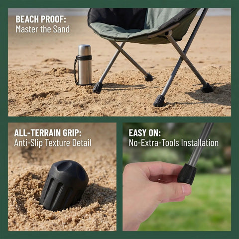 Four Pack Black TPR Rubber Feet For Camping Chairs And Folding Seats, Anti Sink Ground Protection With Textured Bottom
