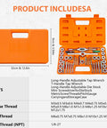 Front view of orange plastic case containing 40-piece metric tap and die set with taps, dies and handles