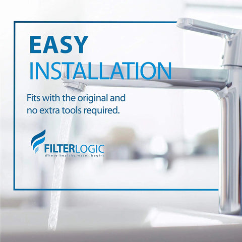 Kitchen faucet with water flow, illustrating easy install for Replacement Water Filter For Filtrete 3US-PF01 And 3US-MAX Series.
