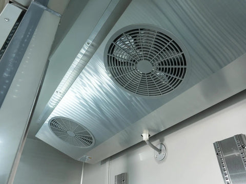 Cooling fans and air circulation system in Heavy Duty Three Door Glass Front Commercial Refrigerator Reach In Cooler Built Tough With Stainless Steel Exterior 66.5 Cubic Feet.